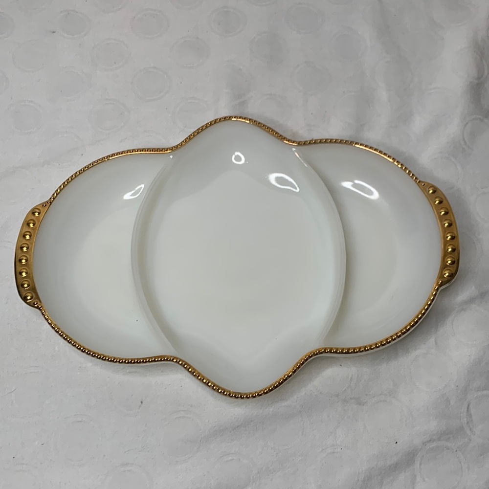 Vintage Fire-King Serving Dish Milk White Glass Gold Accents